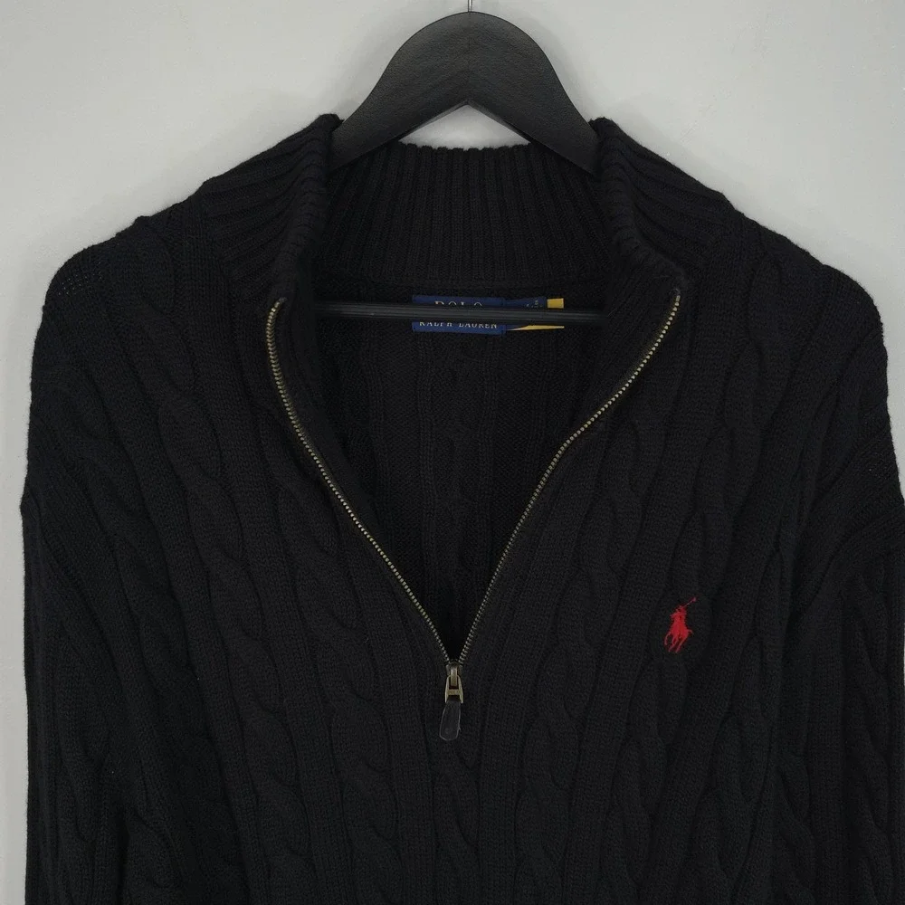 Polo Ralph Lauren Sweater Mens 2XL Black 1/4 Zip Mock Neck Cable Knit Cotton